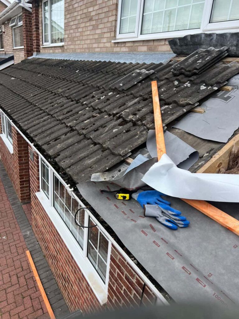 This is a photo of a pitched roof which is being repaired. The existing roof was leaking badly. Works carried out by Histon Roofing Repairs